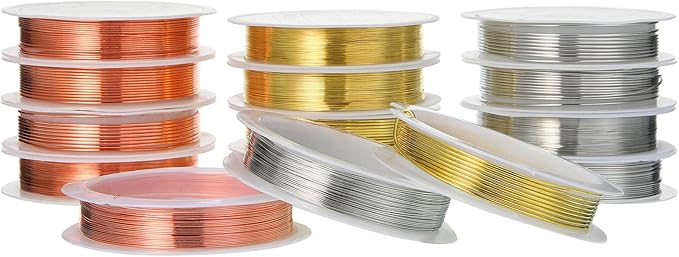 Mixweer 15 Pcs 5 Size Copper Wire 18 20 22 26 32 Gauge Tarnish Resistant Jewelry Wire for Jewelry Making 121 Yard Metal Beading Crafting, Rose Gold, Silver and Gold