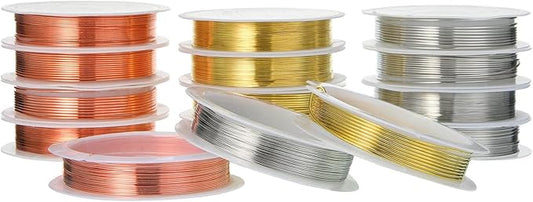 Mixweer 15 Pcs 5 Size Copper Wire 18 20 22 26 32 Gauge Tarnish Resistant Jewelry Wire for Jewelry Making 121 Yard Metal Beading Crafting, Rose Gold, Silver and Gold