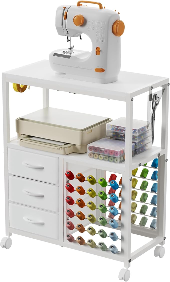 Sewing Table with 60 Spools Thread Holder and 3 Fabric Drawers, Rolling Sewing by HomeOrganizerandStorage