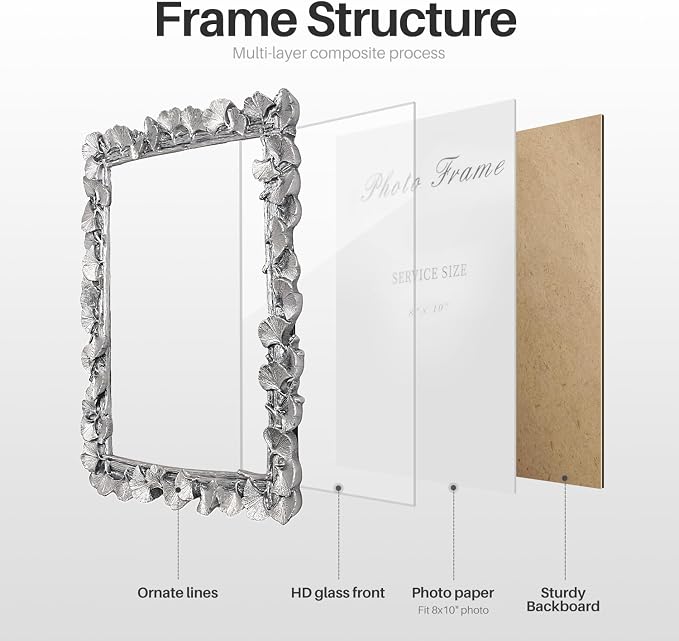 Cuspin Silver 8x10 Picture Frame, Vintage Silver Ornate Leaf Textured - Image 6