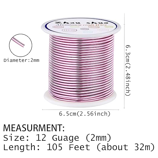 12 Gauge(2mm) Aluminum Wire 35 Yards Anodized Metal Wire for Bonsai Armature Crafting Sculpting Jewelry Craft Making Beading Floral (Pink, 12 Gauge)