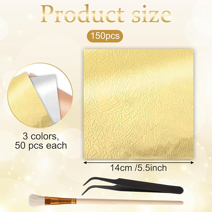 150 Pcs Gold Leaf Sheets for Art 3 Colors Gold Foil Sheets 5.5" X 5.5" Golden Flakes with Tweezer and Brush for Arts Gilding Crafting Painting Furniture Decoration Golden Silver Rosegold