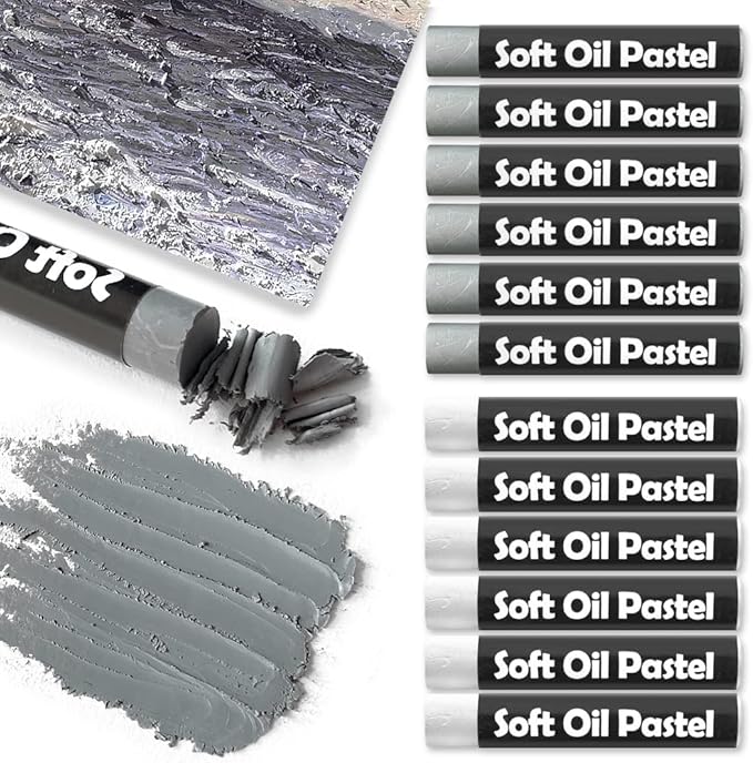 12 Pcs Monochrome Artists Grade Soft Oil Pastels Vibrant and Creamy Colored Chalk Pastels Art Supplies Set for Professionals Painting Drawing White Gray