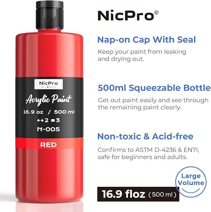 Nicpro Red Large Acrylic Paint, Rich Pigments, Non Toxic Craft Paint - Image 2