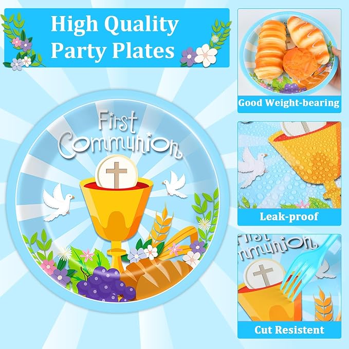 Qyeahkj 100 Pcs Baptism Plates and Napkins, First Holy Communion Party Blue - Image 3