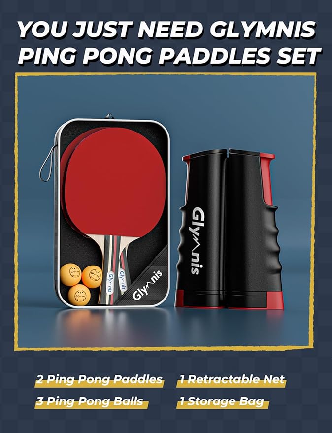 Glymnis Ping Pong Paddles Set Table Tennis Rackets with Balls, Storage Case for Indoor Outdoor Table Tennis Paddle Game Accessories