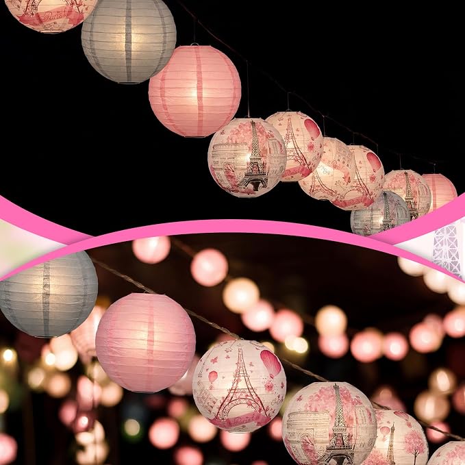Panelee 12 Pcs Paris Party Decorations Eiffel Tower Pink Paper Lanterns 8 Inch - Image 4