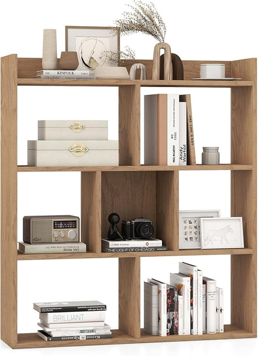 Giantex 7 Cubes Bookshelf, Free-Standing Wooden Bookcase, 4 Tier Home Display Shelf, Horizontal Storage Unit w/Anti-Toppling Devices, Open-Back Display Rack for Study, Living Room (1, Natural)