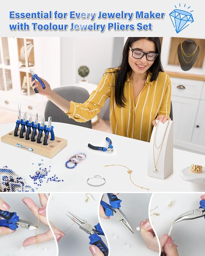 Toolour Jewelry Pliers Set Jeweler Making Tools Kit with Wood Holder,8Pcs Professional Wire Plier for Beading Jewelry Maker DIY Crafting Wrapping Crimping Cutting Repair,Essential Tools for Adults