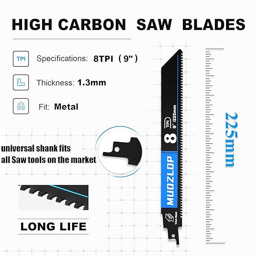 2 Pack 9 inch Reciprocating Saw Blades Set，8 TPI High Carbon Saw Blades for Metal ，Saw Blades with Organizer Case (2, 8T/9inch)