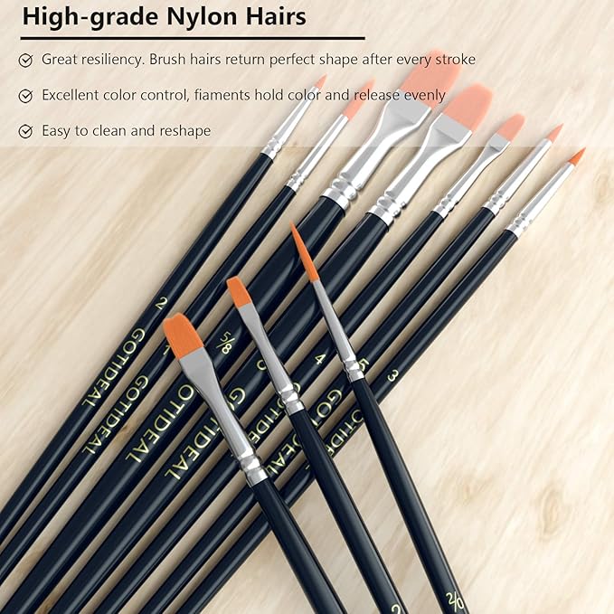 GOTIDEAL Paint Brush Set, 10 Pcs Round Pointed Tip, Small Nylon Hair Brushes for Acrylic, Oil and Gouache，Body, Face Nail Art and Rock Painting, Perfect for Kids & Adult