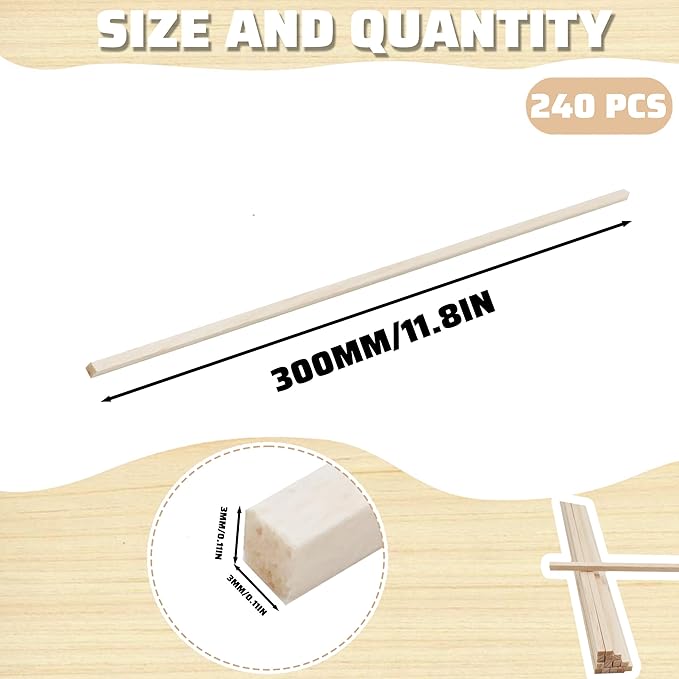 240Pcs Wood Square Dowel Rods 1/8 x 1/8 x 12 inch,Balsa Wood for Crafts,Model Making (1/8"x12"-240pcs)