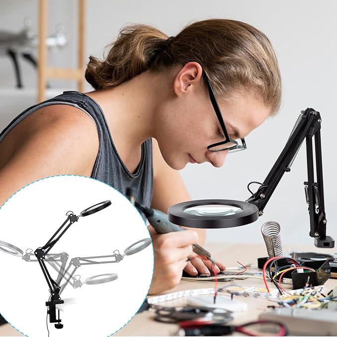 LED Magnifier Desk Lamp with Stand and Clamp, 3 Color Modes & Stepless Dimming - Image 2