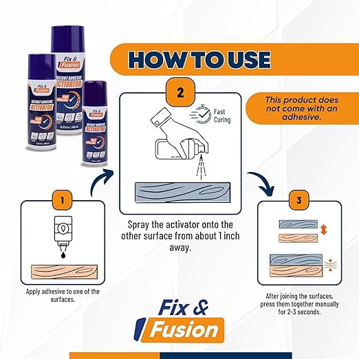 FIX & FUSION Activator Spray (3.38 Fl Oz), Instant Cure Accelerator for Cyanoacrylate (CA) Super Glue for Wood, Plastic, Rubber, Granite, and DIY & Professional, Accelerates Bonding Strength, (1 Pack)