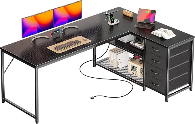 PRAISUN 61" L Shaped Desk with Power Outlets & USB-C Port, Reversible Computer by PRAISUN