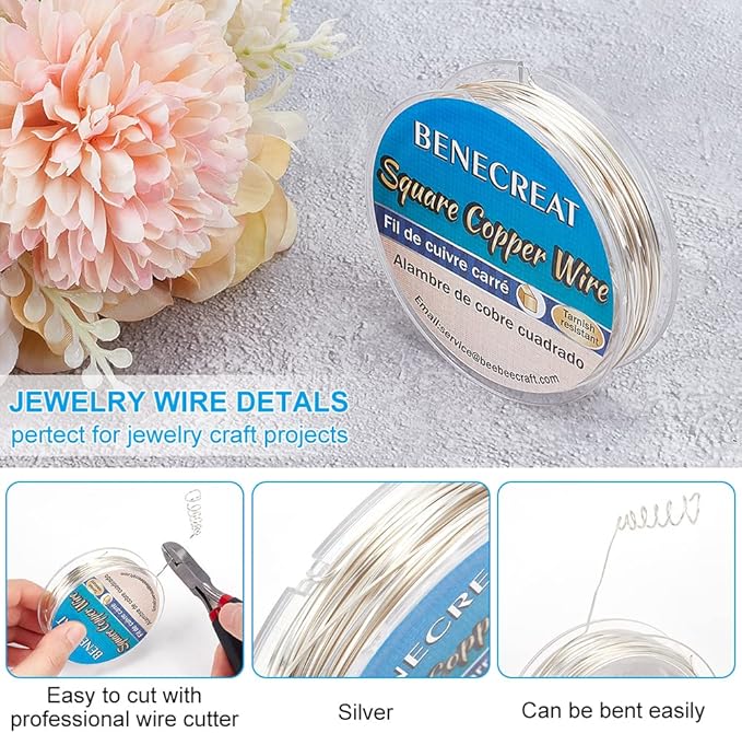 BENECREAT 32.81 Feet 24 Gauge Silver Square Copper Wire, Craft Copper Wire Tarnish Resistant Jewelry Material for Jewelry Making