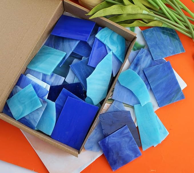 Lanyani Blue Mixed Stained Glass Scrap Pieces Sheets, Glass Mosaic Tiles - Image 4