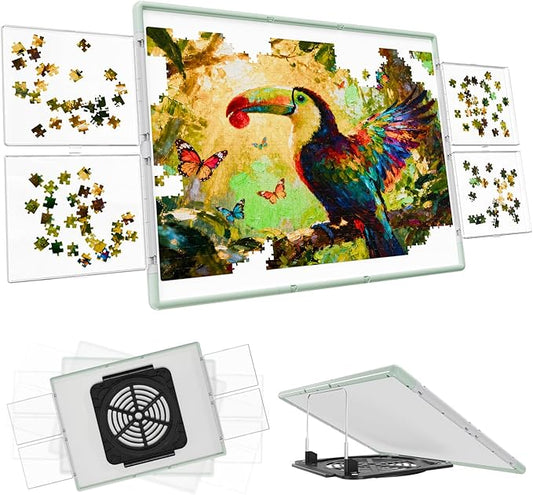 1500 Pieces Puzzle Board 3-in-1 Double-Sided & Rotating & Tilting, Plastic Puzzle Table with Sorting Boxes and PVC Cover, Portable Lazy Susan Jigsaw Puzzle Board for Adults, Gray Green