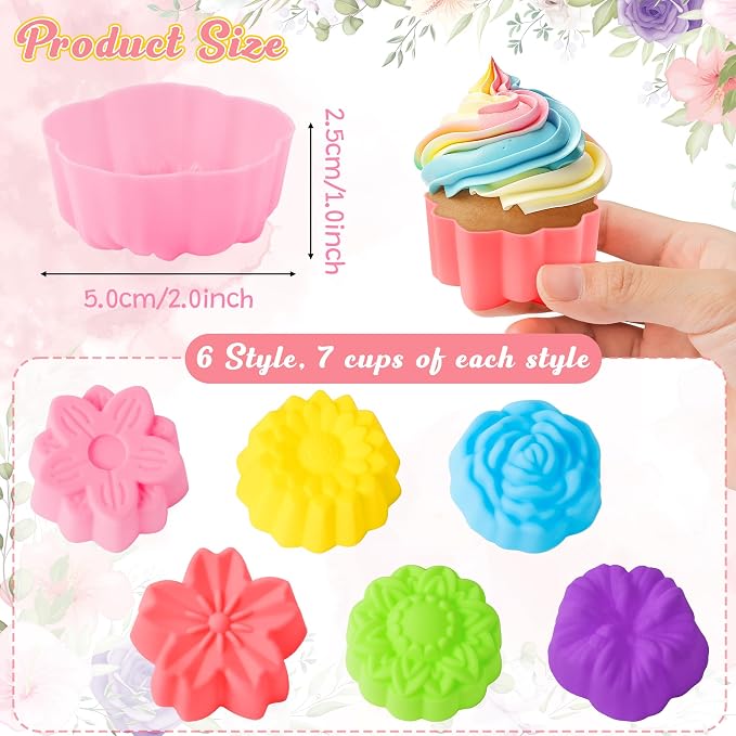 R HORSE 42 Pack Mini Silicone Cupcake Molds | Multi Flower Shaped Baking Cups - Image 2