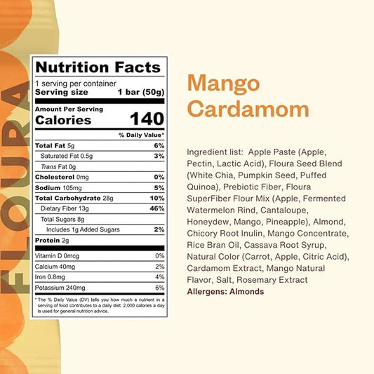Floura Mango Cardamom Fruit-Forward Fiber Bars– High Fiber, Vegan, Gluten & Dairy Free, Low Calorie Healthy Snack Bars with Upcycled Produce for Gut Health [10 Pack]
