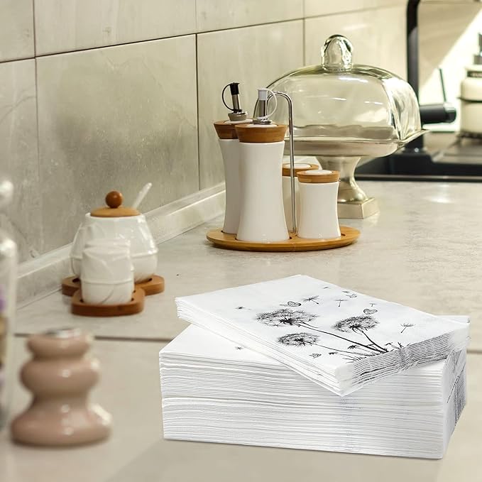 200 Sheets Dandelion Guest Towels Disposable for Bathroom Disposable Paper Napkins for Dinner Party Kitchen Floral Paper Hand Towels for Guest Party Supplies (4.3 x 7.9 Inch)
