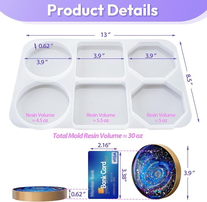 HeyClear Coaster Silicone Resin Molds, 6-Cavity Round Square Octagon Coaster - Image 5