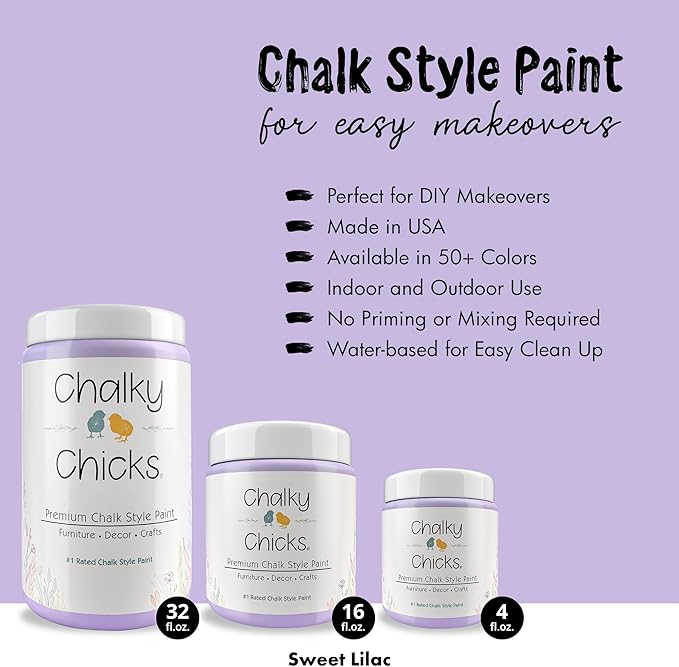 Chalky Chicks All-in-One Chalk Paint for Furniture or Cabinet -32Fl Oz-Matte Finish Sweet Lilac (Light Purple) for Metal, Wood Furniture Paint - No Sanding All-in-One for Home Decor & Crafts, USA Made