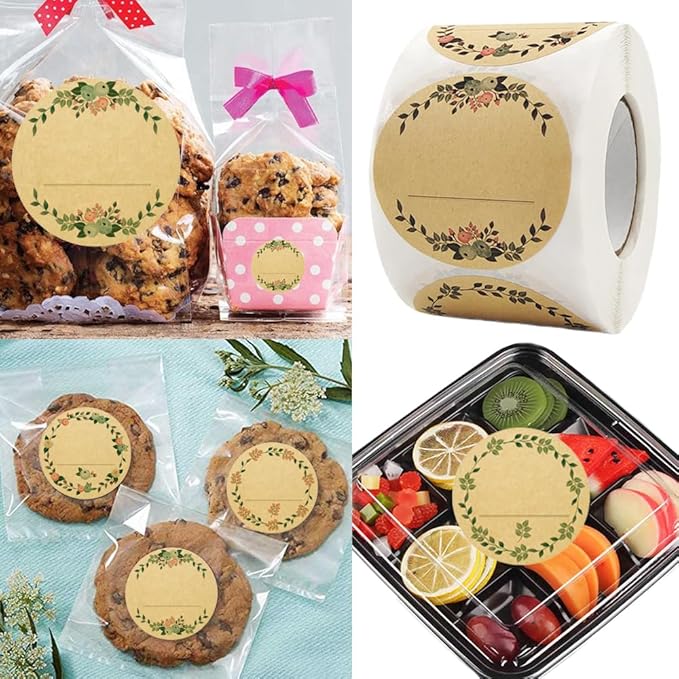 HAHIYO 1.5In 500P Round Natural Brown Kraft Stickers with Vintage Flower Design - 4 Unique Styles Blank Kraft Labels Roll to Write On Durable Dot Stickers for Jar Canning Price Tags Store Organizing