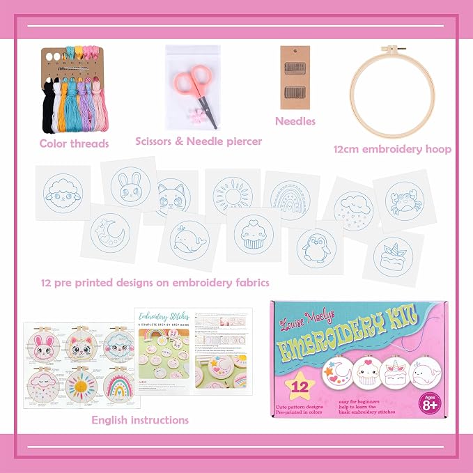 Louise Maelys Embroidery Kit for Beginners, 12 Packs Pre-Printed DIY Sewing - Image 2