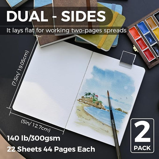 Funto Watercolor Journal, 7.5x5, 2 Packs, 44 Pages Each, Cold-Pressed 100% Cotton, Pearlescent PU Leather Blue Cover, Art Supplies for Mixed Media