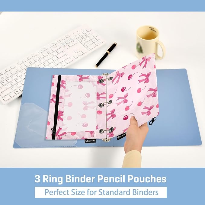 Pink Bows Cherry Pencil Pouch for 3 Ring Binder, 2 Pack Waterproof Pencil Bags - Image 4