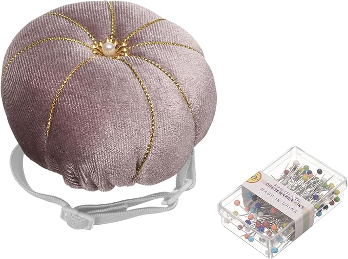 HARFINGTON Wrist Pin Cushion Wristband Sewing Pincushion Polyester Pin Holder Wearable Pumpkin Shaped Needles Wristband with 100 Head Needles for Sewing Quilting DIY Crafts, Gray