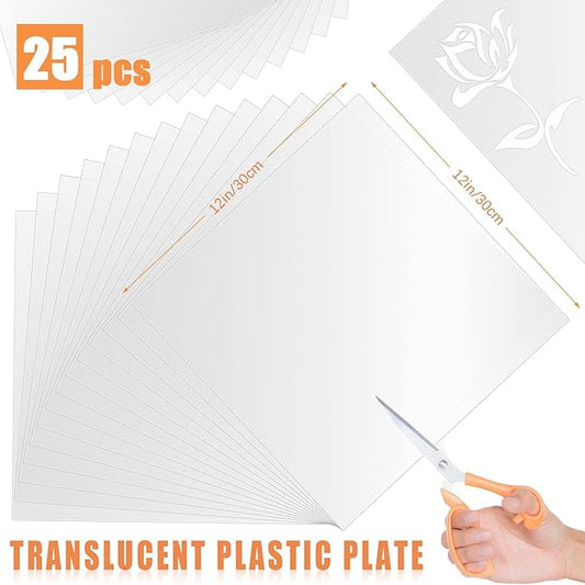 FSWCCK 25 Pcs 10mil 12 x 12 Inch Milky Translucent PET Blank Stencil Sheets, Mylar Sheets for Stencils, Template Plastic for Quilting Mylar Stencils, Laser Cutting, Gyro-Cut Tool Template Material