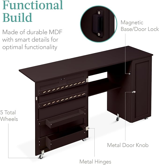 Best Choice Products Large Folding Sewing Table, Caster Wheels, Storage Shelves - Image 7