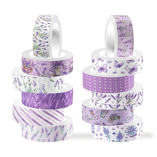 12 Rolls Lavender Washi Tape, Purple Floral Masking Tapes, Flower Butterfly Decorative Tape for Journals, Planners, Scrapbooking, Packaging, DIY Arts Crafts, Wrapping 16.4FT