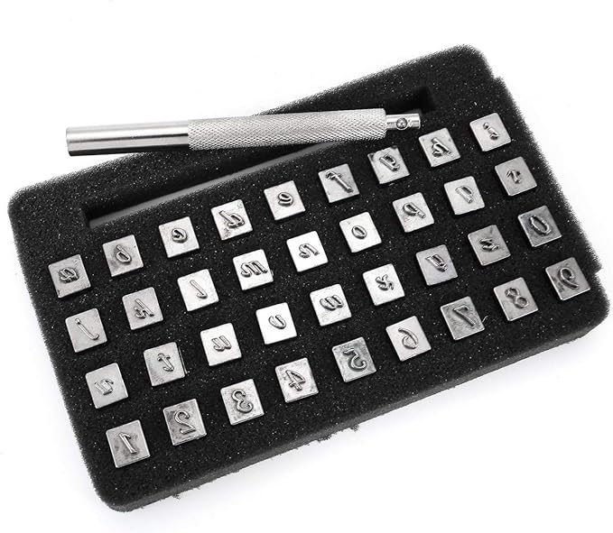Yoption 37 Pieces Leathercarft Stamping Tool Set, 26 Letters Alphabet & 10 Numbers Stamps Steel Punch Tool 3mm+1 Stamping Handle for Leather Craft