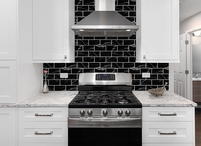 100 Pieces Peel and Stick Backsplash for Kitchen, 3" x 6" PVC Subway Tile Upgraded Nero Marquina with White Grout Backsplash Stick on Tile Elevate Kitchen, Bathroom, Fireplace,RV
