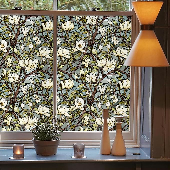White Magnolia Floral Tree Green Leaf Vintage Stained Glass Window Films - Image 3