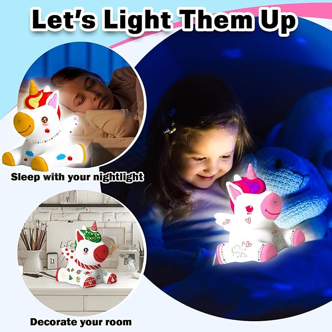 FUNZBO Paint Your Own Unicorn Lamp Kit - Halloweens Arts and Crafts Supplies Painting Kits for Kids Teens, DIY Night Light Unicorn Toy for Toddler Girls Age 3 4 5 6 7 8 9 10 11 12 13 + Birthday Gifts