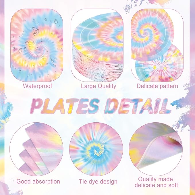 Pickmesh 400 Pcs Tie Dye Party Supplies Set Pastel Include Disposable Paper - Image 2