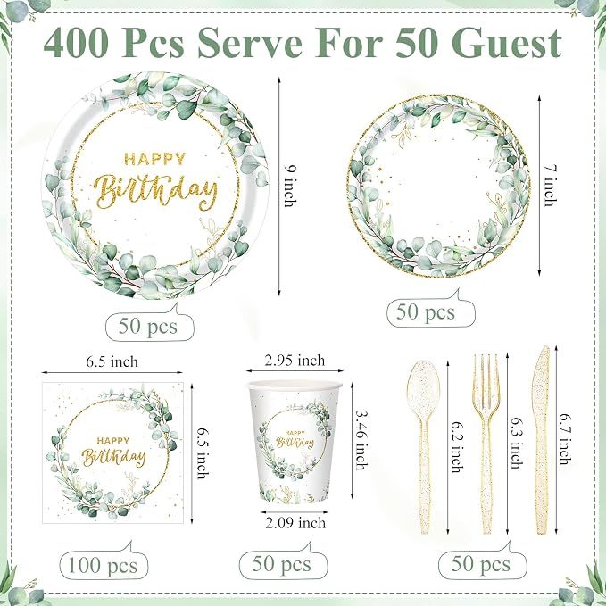Pickmesh 400 Pcs Sage Green Birthday Party Supplies Include Neutral Eucalyptus - Image 3