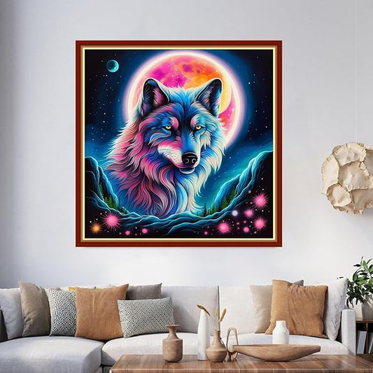 Foxhool Beginners Cross Stitch Kits Stamped Full Range of Embroidery Kits for Adults DIY Cross Stitches kit Embroidery Patterns for Needlepoint kit-Colorful Moon Wolf 17.7x17.7 inch