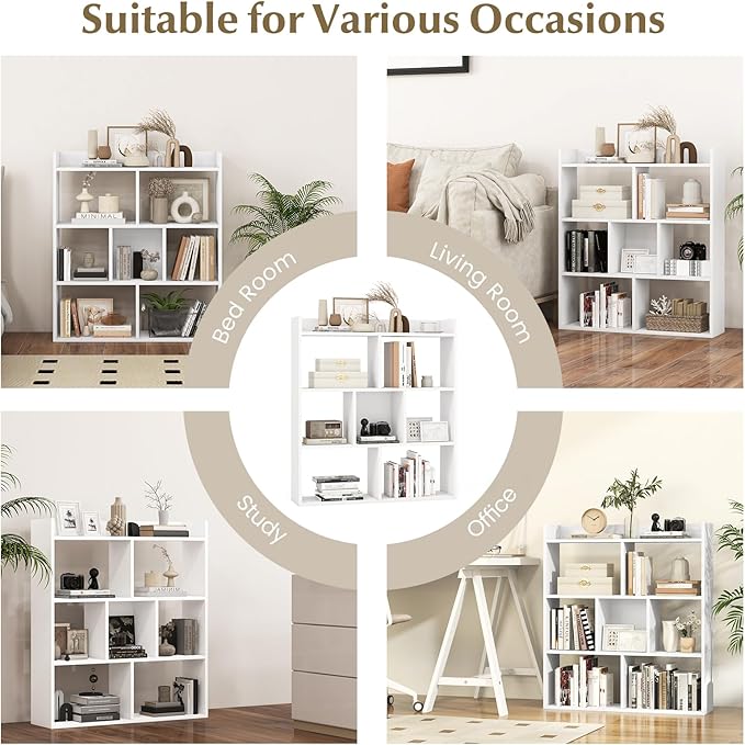 Giantex 7 Cube Bookshelf, Free-Standing Wooden Bookcase, 4 Tier Home Display Shelf, Horizontal Storage Unit w/Anti-Toppling Devices, Open-Back Display Rack for Study, Bedroom, Living Room, White