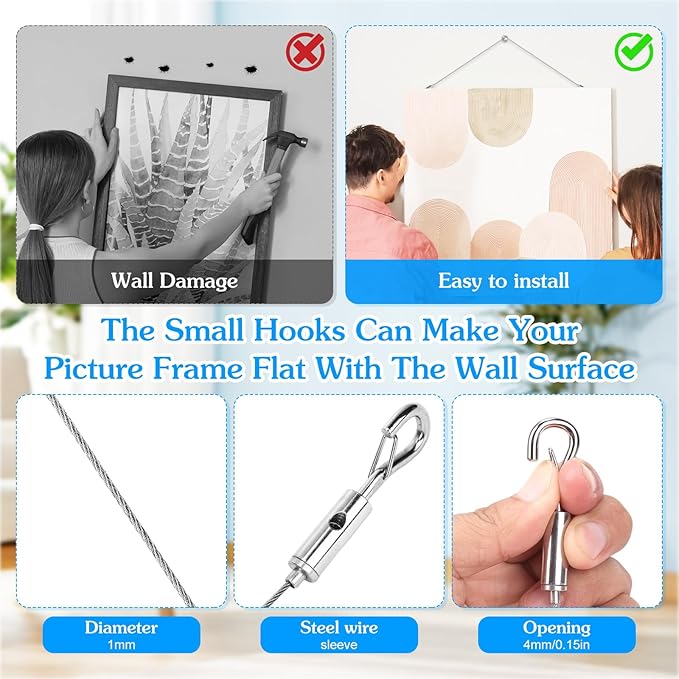 2 Pack Picture Hanging Wire Kit, Heavy Duty Picture Wire Kit for Frames & Mirrors up to 50lbs, Includes Adjustable 2m Steel Wires, D Rings & Screws, Wall Hanging Kit for Home & Gallery Use
