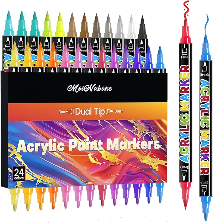 24 Colors Dual Tip Acrylic Paint Markers, Premium Acrylic Paint Pens for Halloween Decorations, Pumpkin Painting Kit, Rock Painting, Canvas, Stone, Wood, Glass, DIY Crafts & Art Supplies
