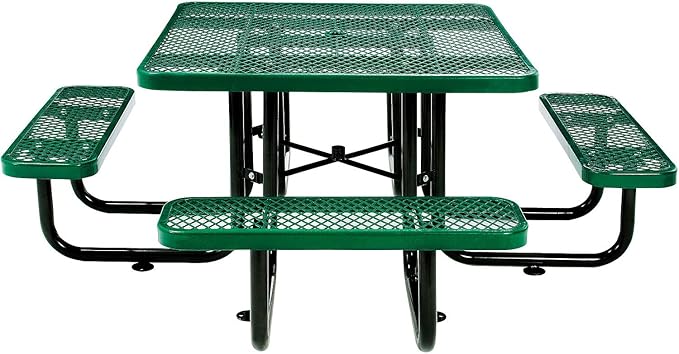 Global Industrial 46" Square Picnic Table, Expanded Metal, Green Thermoplastic Coating, Attached Benches, 1-1/2” Umbrella Pole Hole, Outdoor-Rated, 1000 lb Capacity