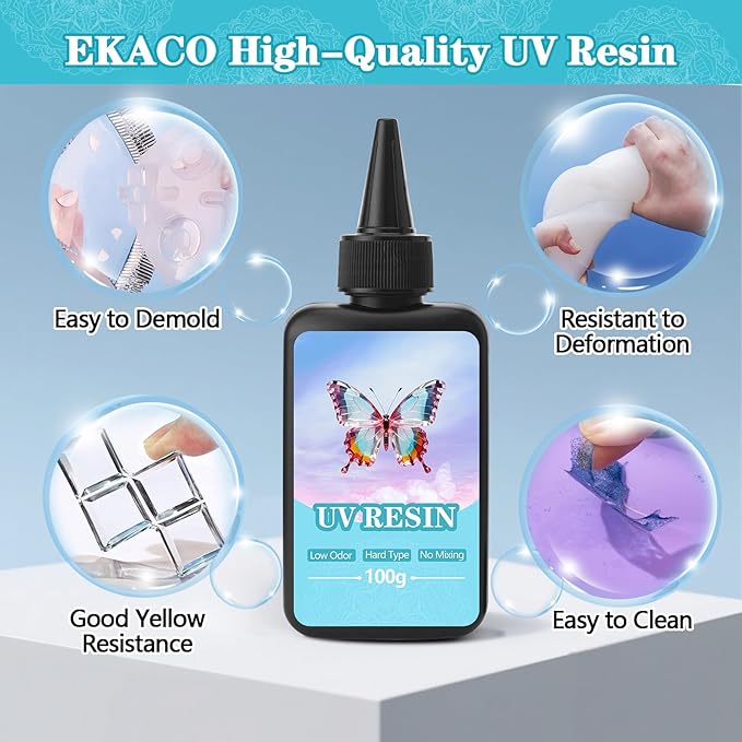 EKACO UV Resin, 400g UV Epoxy Resin Type Fast Curing Premixed Low Odor Super Clear Hard UV Epoxy for DIY Craft Decorations, Beginners Jewelry Making and Resin Art
