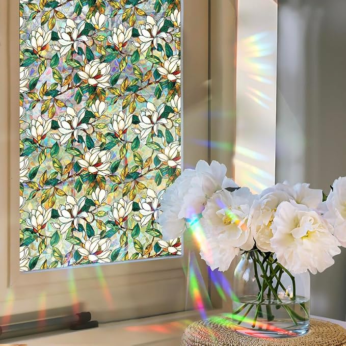 Retro Flower Window Privacy Film, Stained Glass Decals White Mangnolia Privacy - Image 2