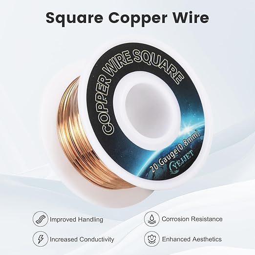 20 AWG Square Copper Wire - 0.8x0.8mm Thin Craft Wire, 50ft - Bulk Spool for Jewelry Business, Beading, and Crafts