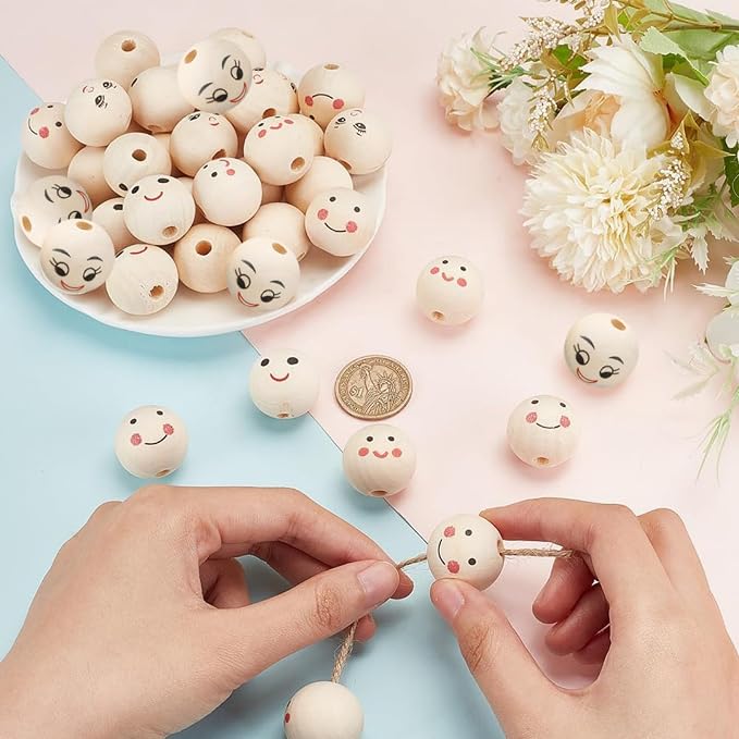 OLYCRAFT 40Pcs 5 Style Smiling Face Wooden Beads 25mm Round Painted Wooden Beads - Image 3